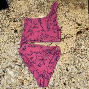Pink Spotter Print 2 Piece Bikini Attached Swimsuit M High Waist Cheeky Knot EUC